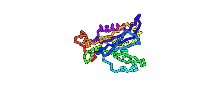 Alpha-carbon trace of the deposited 3CLA structure, one bead per residue, coloured from red at the N terminus through to violet at the C terminus