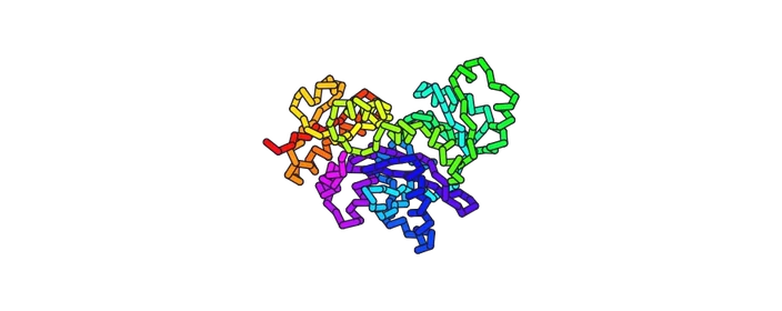 Alpha-carbon trace of the deposited 4C5C structure, one bead per residue, coloured from red at the N terminus through to violet at the C terminus