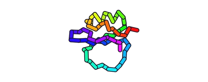 Alpha-carbon trace of the deposited CI2 structure, one bead per residue, coloured from red at the N terminus through to violet at the C terminus