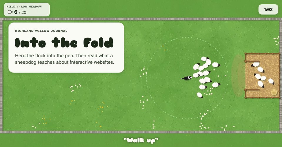 Sheep herding game screenshot: the sheepdog walks up behind the flock with its dashed pressure ring showing, six sheep already in the pen, and the call Walk up at the bottom